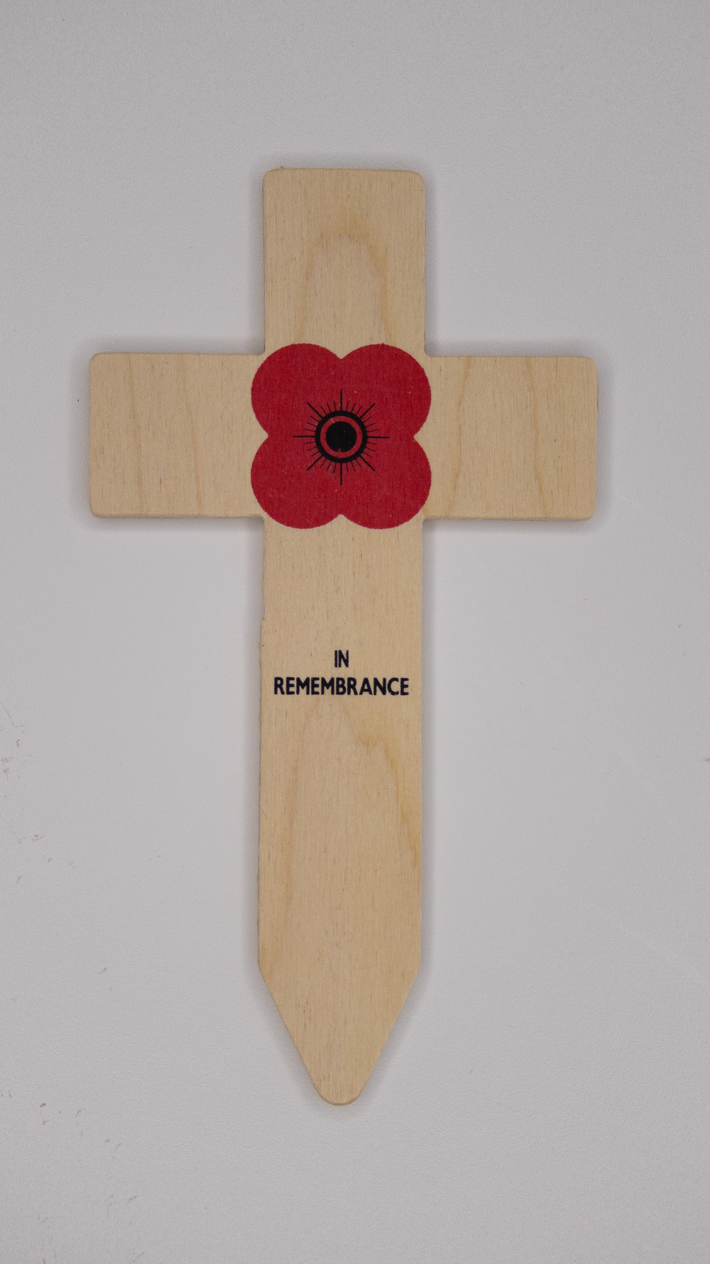 Cross – printed ‘In Remembrance’ with poppy attached