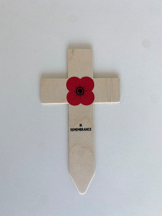 Cross – printed ‘In Remembrance’ with poppy attached